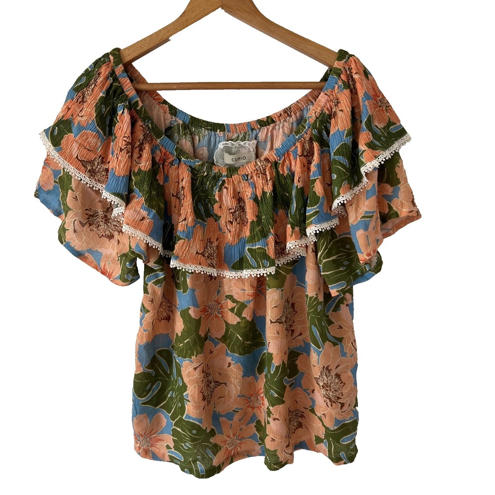 Womens Boho Top Size Large Tropical Floral Curtain Lace Ruffle Summer‎ Blouse